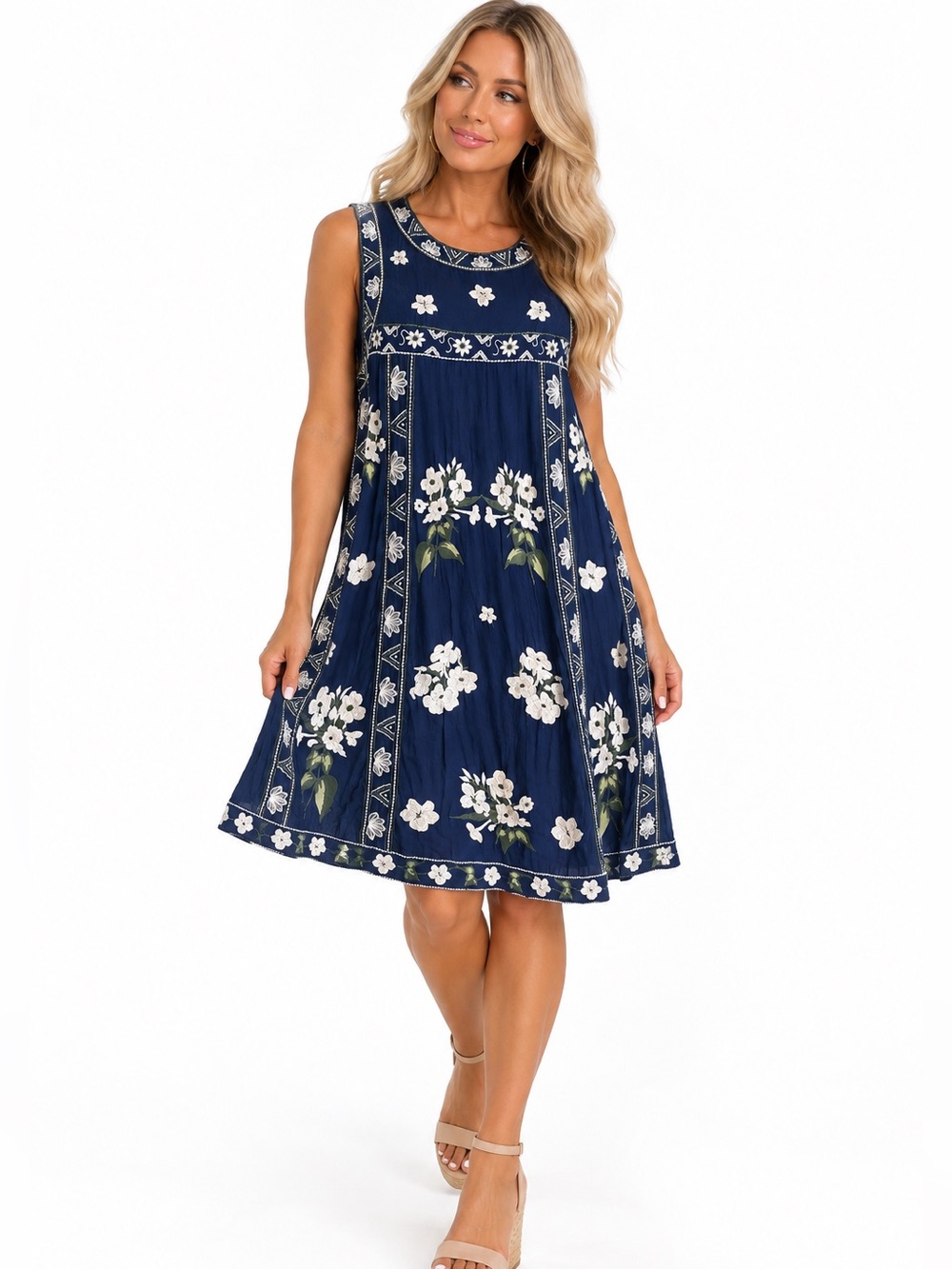 Maeve Anthropologie Navy Floral Embroidered Sleeveless A-Line Dress